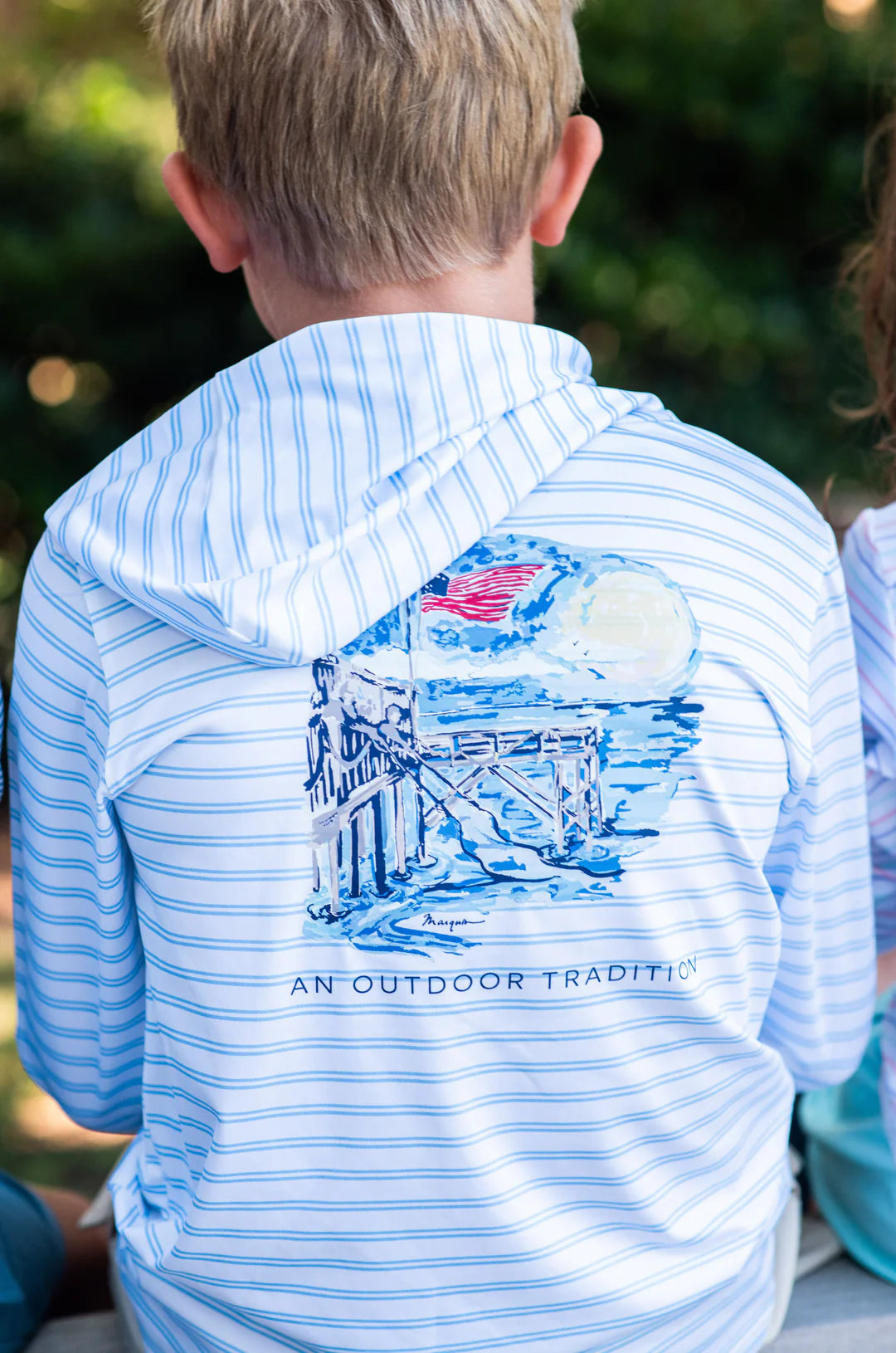 Placid Blue Stripe Pro Performance Hooded Fishing Tee