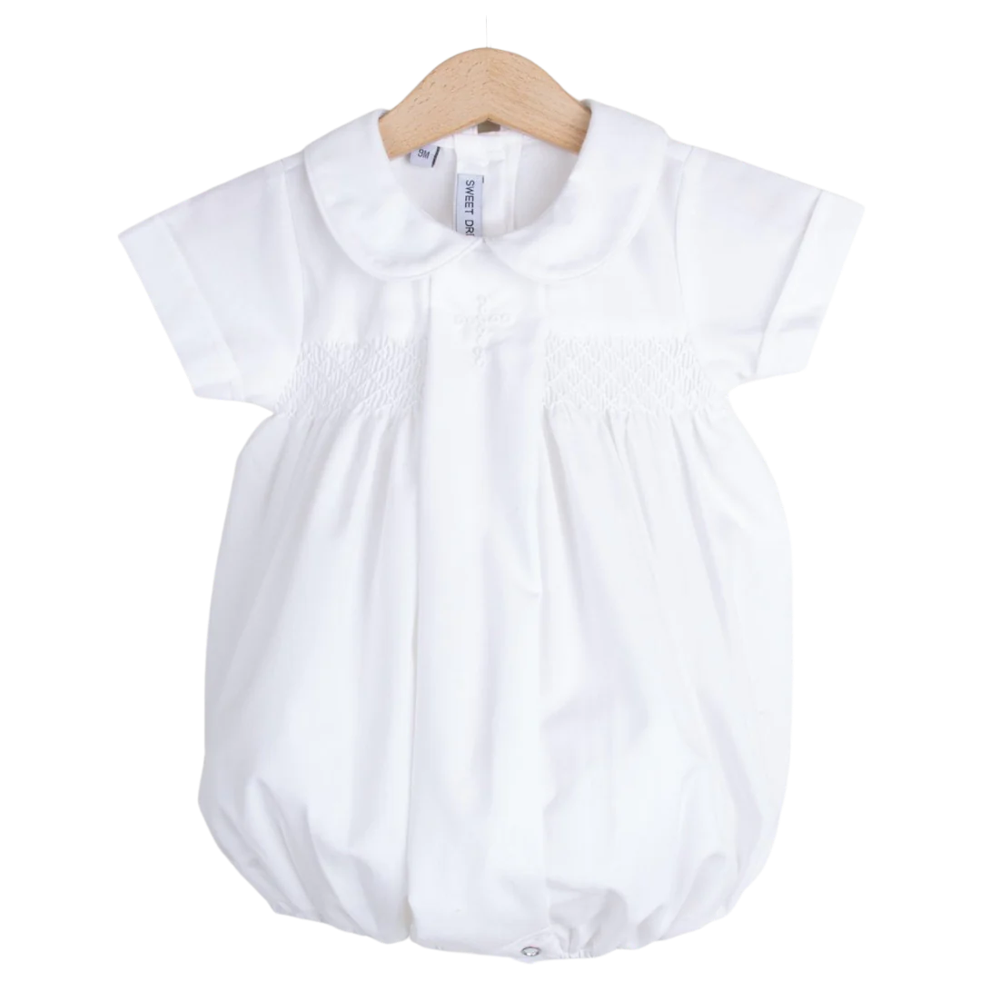 White Cross Smocked Boys Bubble