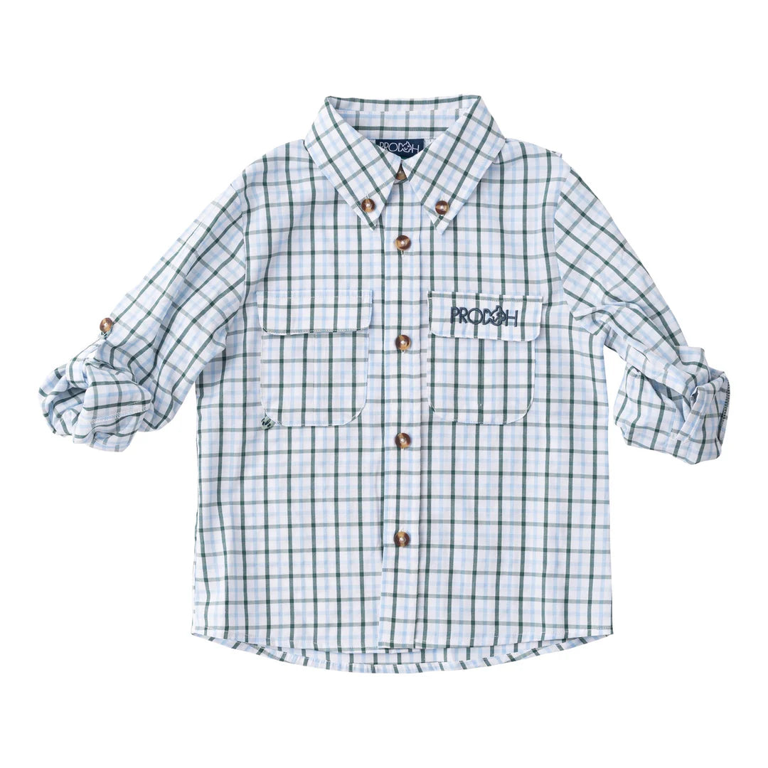 Founder Kids Fishing Shirt Green & Powder Blue Plaid