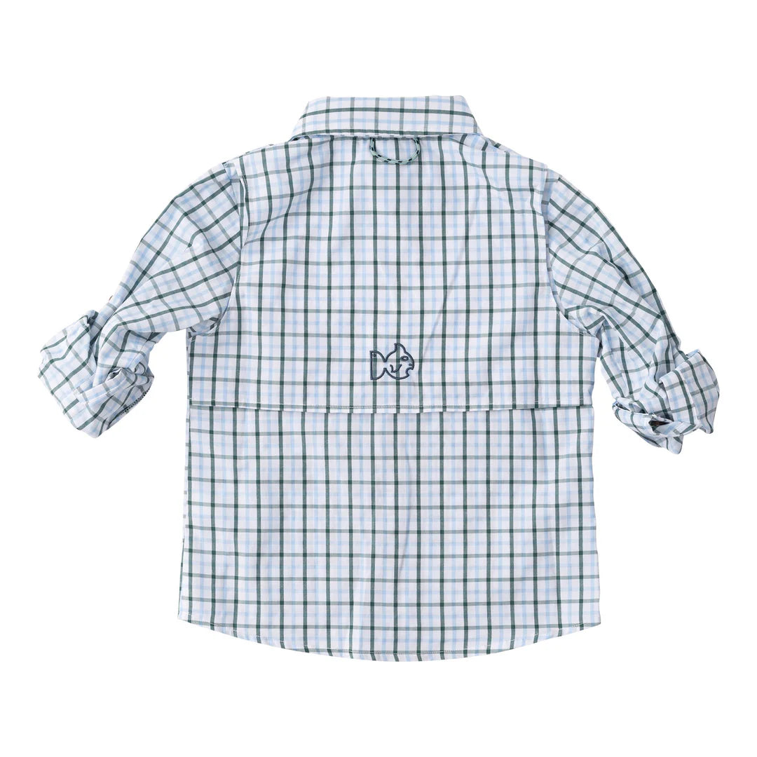 Founder Kids Fishing Shirt Green & Powder Blue Plaid