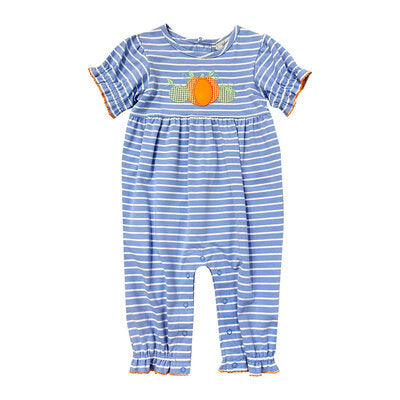 Blue Stripe Pumpkin Appliqué Girls Romper