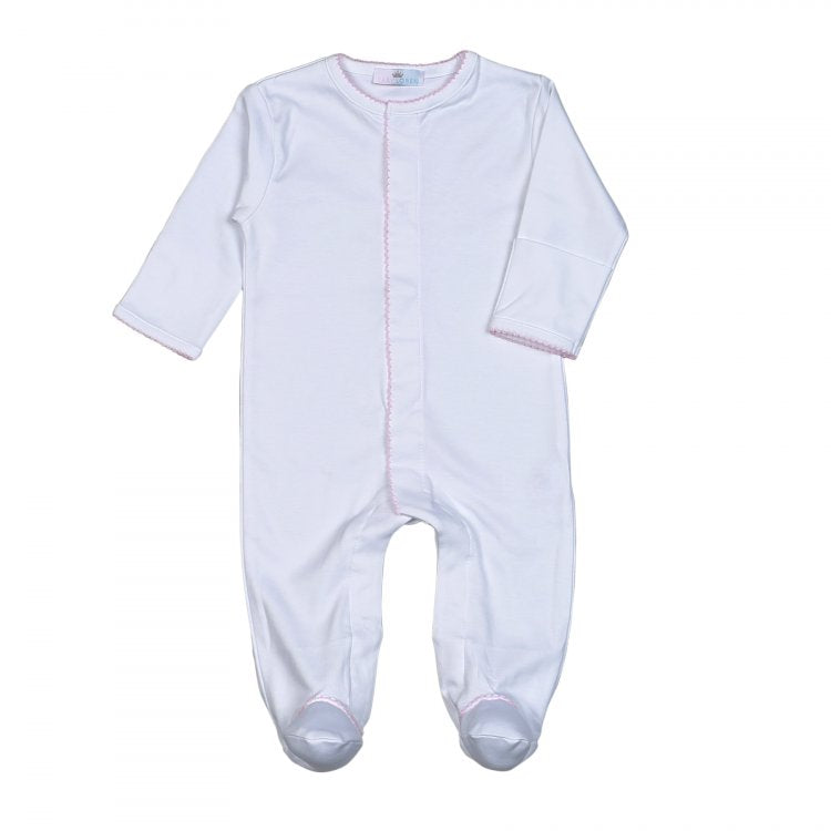 White W/ Pink Ruffle Trim Zipper Pima Footie