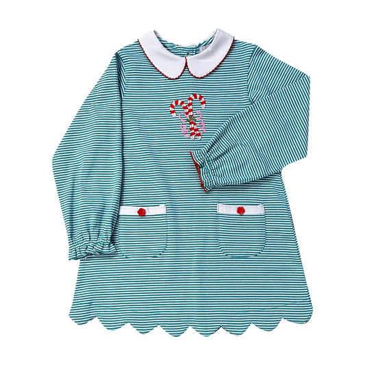 Teal Stripe Candy Cane Scalloped Dress