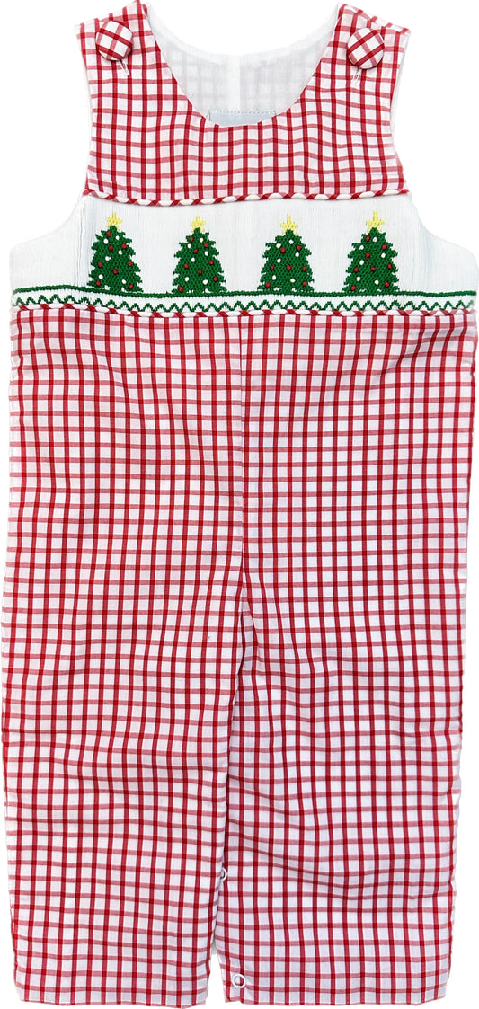 Red & White Plaid Christmas Tree Smocked Long Jon Jon