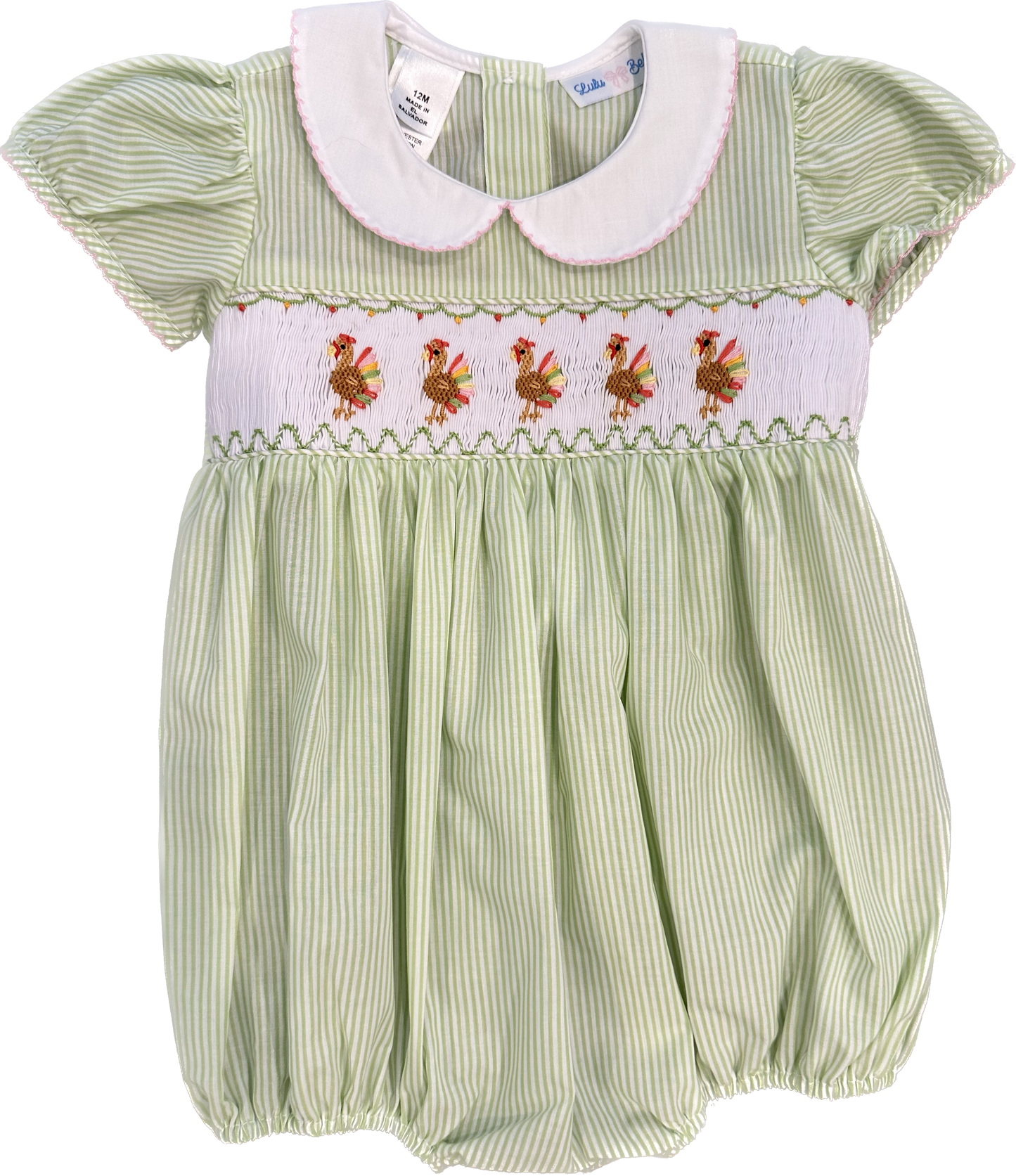 Green Stripe Smocked Turkey Bubble With Collar