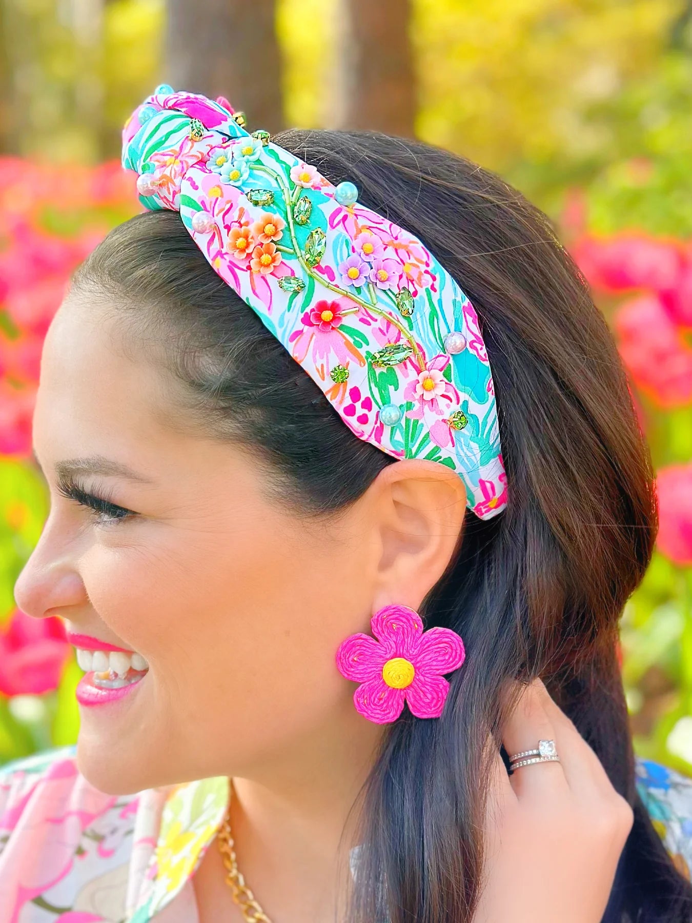 Brianna Cannon Spring Flower Garden Adult Headband W/ Crystals & Pearls